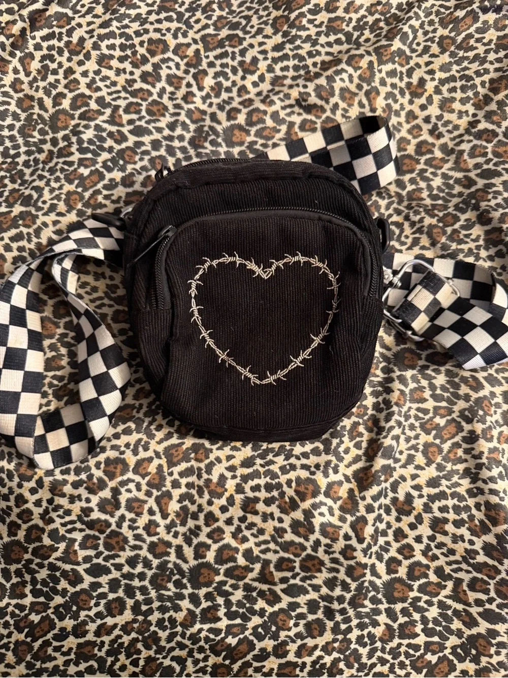 Black Heart Embroidered Crossbody Bag with Checkerboard Strap